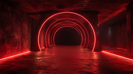 Poster - Abstract red neon tunnel background futuristic glowing light circles dark corridor design concept