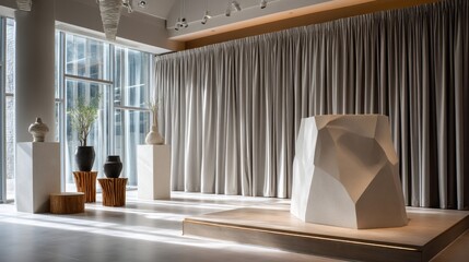 Poster - A large room with a white curtain and a white rock in the middle