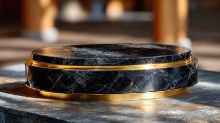 Aufkleber - A black marble table with gold trim sits on a grey surface