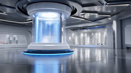Aufkleber - A large, blue, glass structure is the centerpiece of a large, empty room