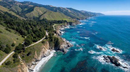 Aufkleber - A captivating view of a winding road beside dramatic cliffs, with ocean waves crashing below, offering a sense of adventure and exploration along the coast
