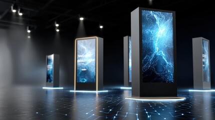Aufkleber - A series of four large blue screens are on display in a room