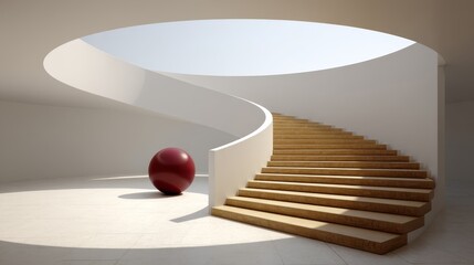 Aufkleber - A white room showcases a vibrant red ball at its center, accompanied by elegant wooden stairs spiraling upward, all illuminated by gentle sunlight