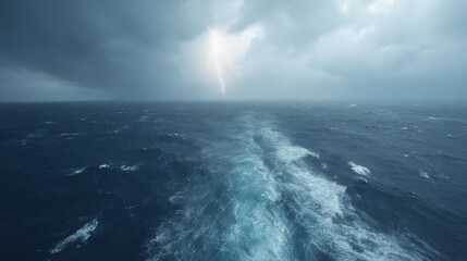 Poster - A powerful storm unleashes towering waves and brilliant lightning across the ocean, creating a moody atmosphere filled with energy and chaos in the waters below