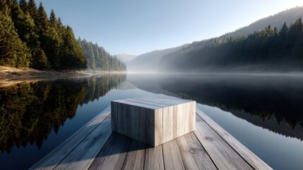 Poster - A wooden boat is floating on a lake with a large square object on the front