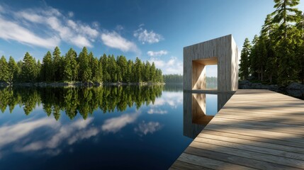 Poster - A wooden pier is next to a lake with a small building on it