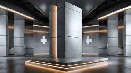 Poster - A large, empty room with a silver pillar in the middle