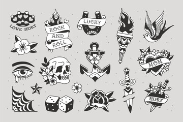 Poster - Perfect Old school tattoo design set 2. Old school traditional tattoo stickers collection. Old school tattoo symbols and tradition elements of swallow, bird, torch, anchor, heart, flower, rose etc
