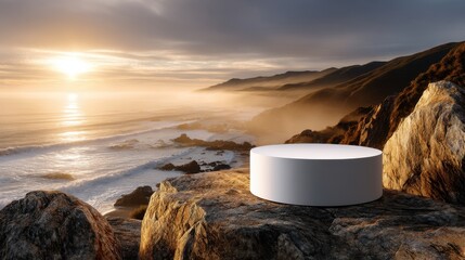 Poster - A white pedestal is on a rocky beach with a beautiful sunset in the background