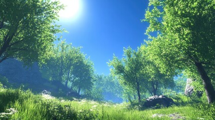 Wall Mural - lush green trees with sunlight shining against the blue sky. perfect for projects needing nature, pe
