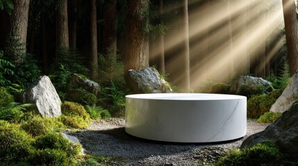 Poster - A white stone bowl is sitting in a forest with moss and rocks surrounding it