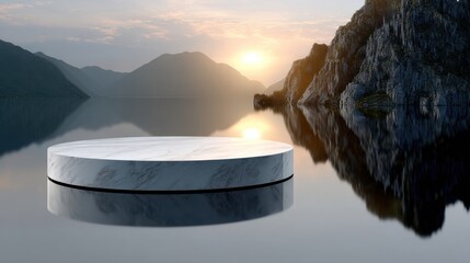 Poster - A large white marble sculpture sits on a lake in front of a mountain range