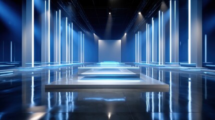 Aufkleber - A large, empty room with blue lights and white pillars