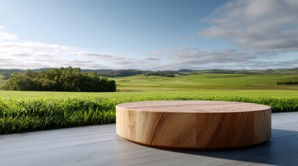 Poster - A wooden round table is placed in a grassy field with a clear blue sky above