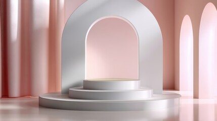 Poster - A white and pink room with a white archway and a white pedestal
