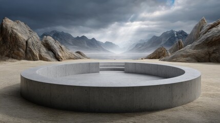 Poster - A large, empty concrete circle sits in the middle of a desert