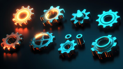 Wall Mural - Vibrant 3d gear icons with bright light effects on black background gradient colors and soft shadows. [Verdant Mechanica] | Meadowcrank Hub | soft gear. Illustration