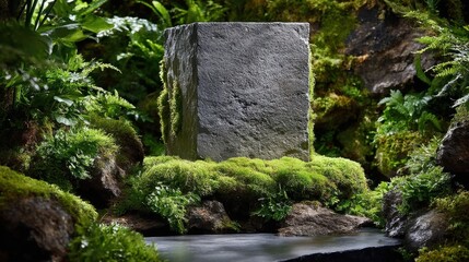 Poster - A moss covered rock sits in a lush green forest