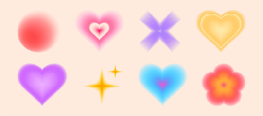 Poster - Gradient shapes in vivid y2k colors - colorful blurry heart and flower, circle and star sparkle, cross forms with smooth blur effect. Retro aesthetic graphic design elements. Simple blurry icons.