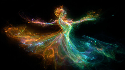 Poster - Abstract dancing smoke woman ethereal figure fantasy art colorful vibrant digital rendering on black background