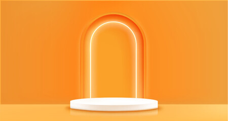 Poster - Orange background with podium and archway - blank curved arch with round platform illuminated by bright neon glow. Minimal 3d pedestal in tangerine color. Stylish vivid showcase or display mockup.