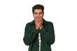© Asier - Young handsome caucasian man isolated on white background laughing about something, covering mouth with hands.