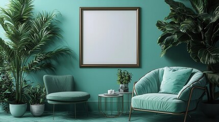 Poster - Modern living space with vibrant teal walls, stylish furniture, and lush indoor plants creating a serene atmosphere.