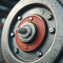 Aufkleber - Close-up of a metal industrial wheel with red accent, showcasing textures and bolted construction, a testament to robust engineering.