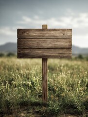 Aufkleber - Wooden Farm Sign Mockup Standing Tall in a Serene Field With Distant Mountains Under a Cloudy Sky During the Golden Hour