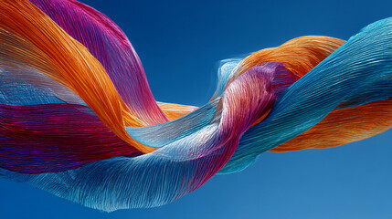 Poster - Abstract colorful silk fabric flowing in the wind against a blue sky background wallpaper design