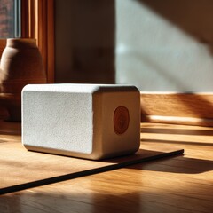 Poster - Minimalist Still Life:  Textured Cube on Mat in Sunlight by Window with Vase Details