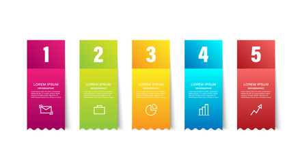 Poster - Colored stickers vector infographic design template. Five steps or options with icons and space for your data