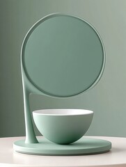 Poster - Still life of modern minimalist mint green table mirror with bowl on white surface studio shot