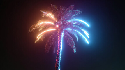 Fototapete - Neon palm tree wallpaper background aesthetic tropical summer vibrant colorful glowing dark night scene