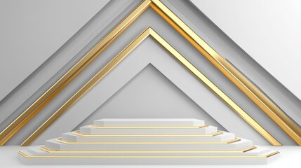 Poster - Minimalist Product Display Podium with Golden Accents and Geometric Backdrop in Studio Shot for Luxury Presentation
