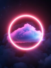 Poster - dreamy neon portal above clouds at night abstract surreal sky glowing circle futuristic concept art