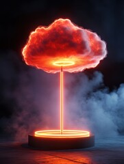 Poster - abstract glowing cloud with neon rings and beam on platform in dark room studio shot