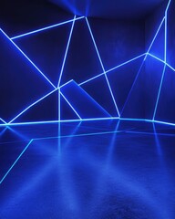 Poster - Abstract blue neon lines in dark room interior with reflections low angle shot for futuristic background design