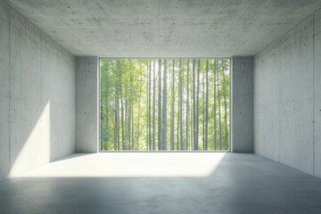 Poster - Minimalist Concrete Room with Forest View Interior Design Architecture Photography
