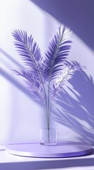 Poster - Tropical Palm Leaves in Glass Vase on Purple Podium with Shadow Play Studio Shot Still Life
