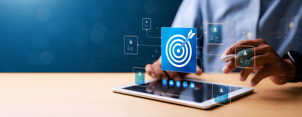 Wall Mural - businessman touch target icon business growth and vision, target plans, goal achievement the path to