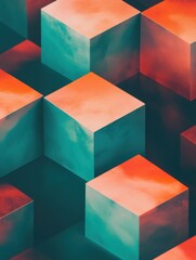 Poster - Abstract isometric view of colorful cubes pattern in red and teal colors, modern design, geometric shapes, studio shot, conceptual background