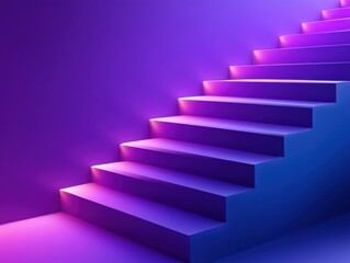 Aufkleber - Ascending staircase in vibrant purple and blue hues, low angle perspective, studio shot, minimalist design, abstract architecture