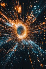Aufkleber - Abstract Light Streaks Bursting from Dark Center Point in Orange and Blue Colors, Conceptual Art, Digital Illustration, Futuristic Design
