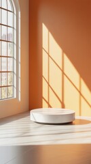 Poster - Interior with Round Podium and Sunlight from Window, Minimalist Style, Warm Lighting, Product Display, Mockup Space, Studio Shot
