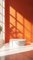 Poster - Minimalist marble podium display in sunlit room with orange wall and window shadows for product mockup