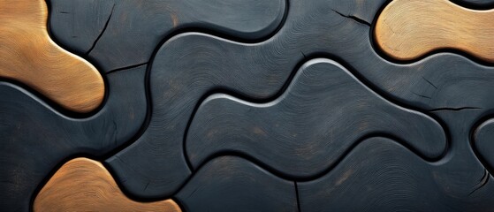 Poster - Abstract Wood Puzzle Close-Up, Wavy Interlocking Pieces in Dark Blue and Gold, Unique Texture, Detailed Grain, Artistic Design