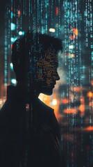 Poster - A silhouette of a person against a backdrop of a bustling city. The image is overlaid with binary code, which adds a layer of complexity to the scene. 