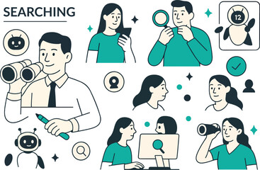 Poster - Search concept set. Collection of characters using artificial intelligence generative tools for searching or browsing internet. SEO concept. Vector illustration