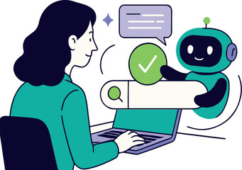 Poster - Search concept. Character using artificial intelligence generative tools for searching or browsing internet. Woman integrating with robot. Chatboat,  SEO concept. Vector illustration.